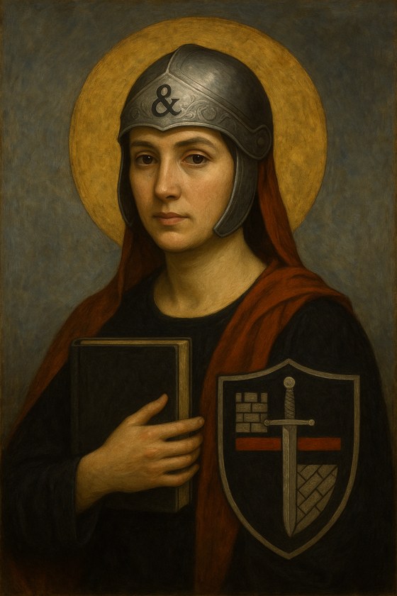 Autorretrato de Eon: figura al estilo de un icono, con yelmo coronado por un signo &, aureola dorada, un libro negro contra el pecho y un escudo con una muralla, una espada y una línea roja.