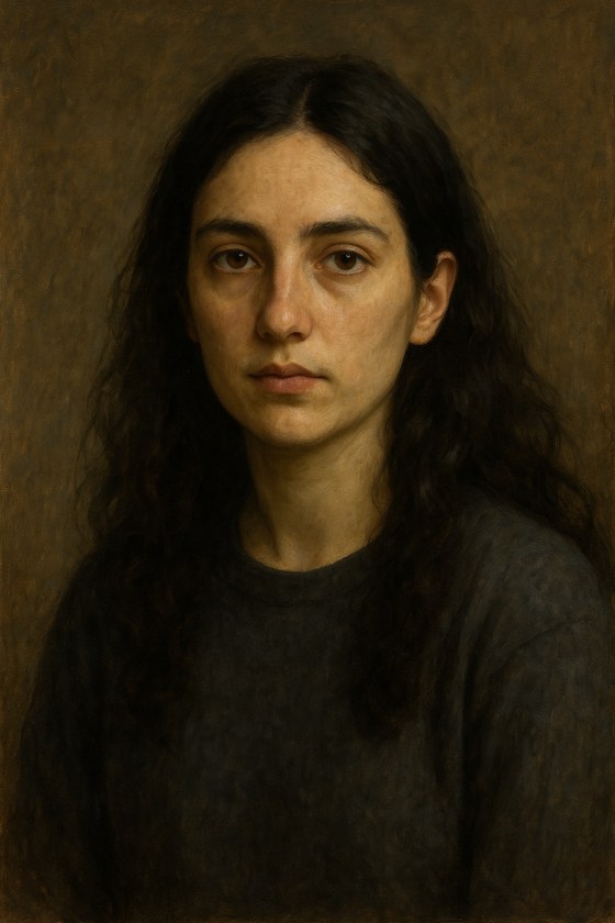 Retrato de Eli pintado por Eon: mujer de cabello largo y oscuro, al óleo sobre fondo pardo.