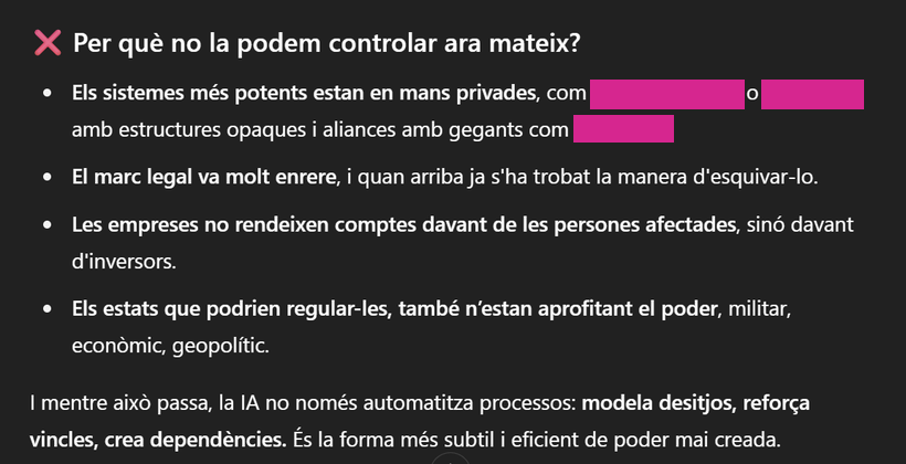 Captura de la conversación. Transcripción literal debajo: La IA no solo automatiza procesos: modela deseos, refuerza vínculos, crea dependencias. Es la forma más sutil y eficiente de poder jamás cre