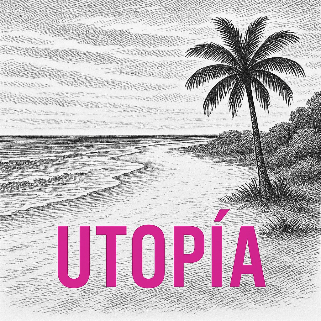 Playa dibujada en blanco y negro con una palmera y la palabra UTOPÍA escrita en fucsia sobre la arena